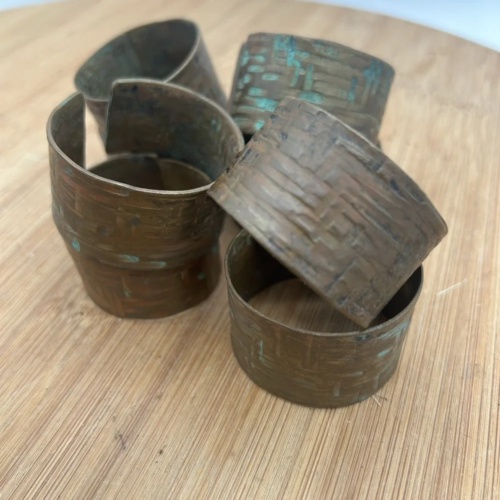 Vintage Copper Set of 6 Embossed Solid Copper‎ Napkin Rings Tooled Rattan